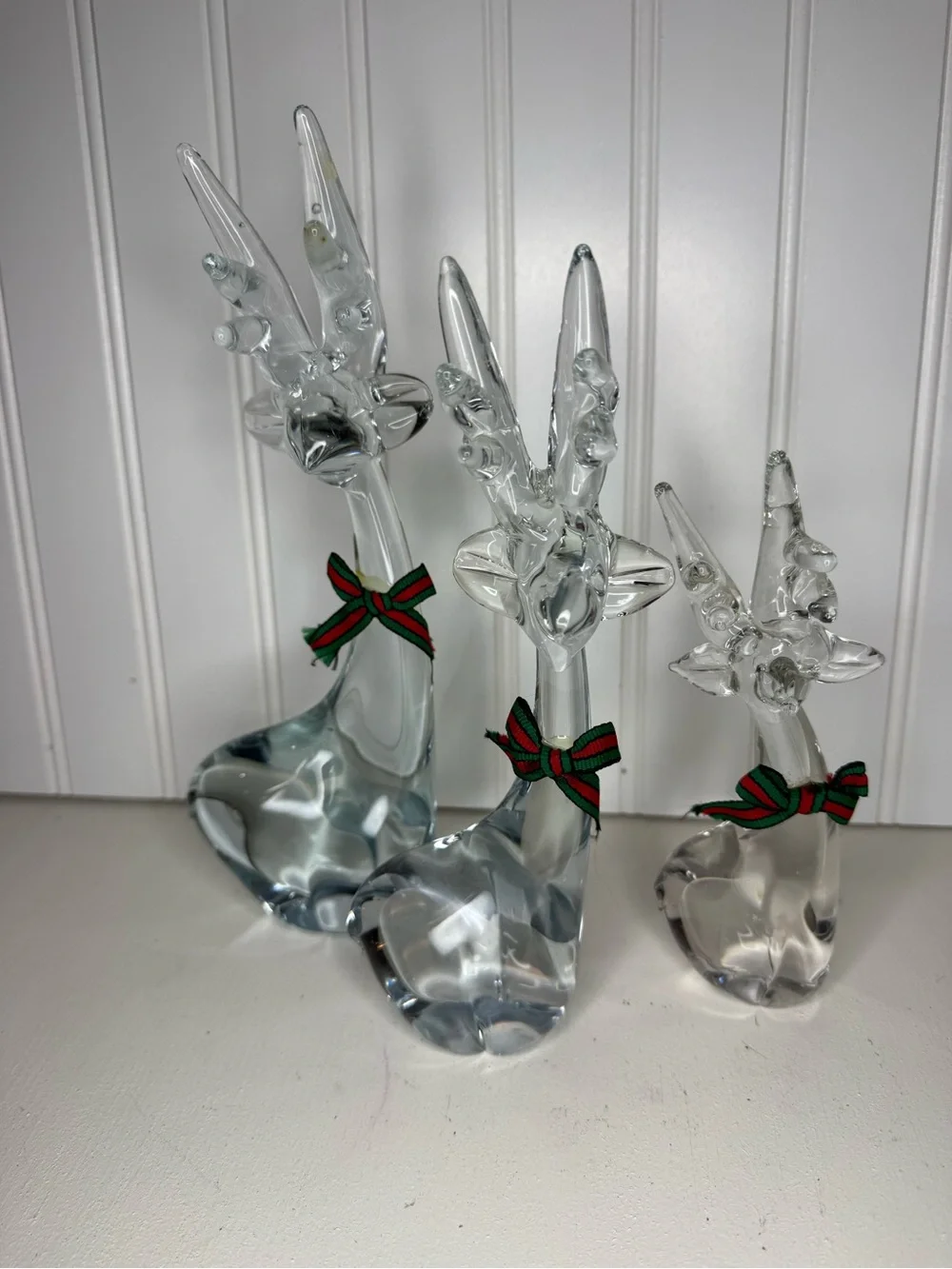 Vintage Lot 3, Enesco Clear Blown Art Glass Reindeer Deer Figurines, Holiday